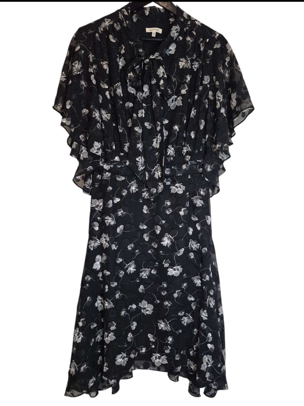 Max Studio Black Floral Midi Dress with Tie Neck and Ruffle Sleeves Size Large
